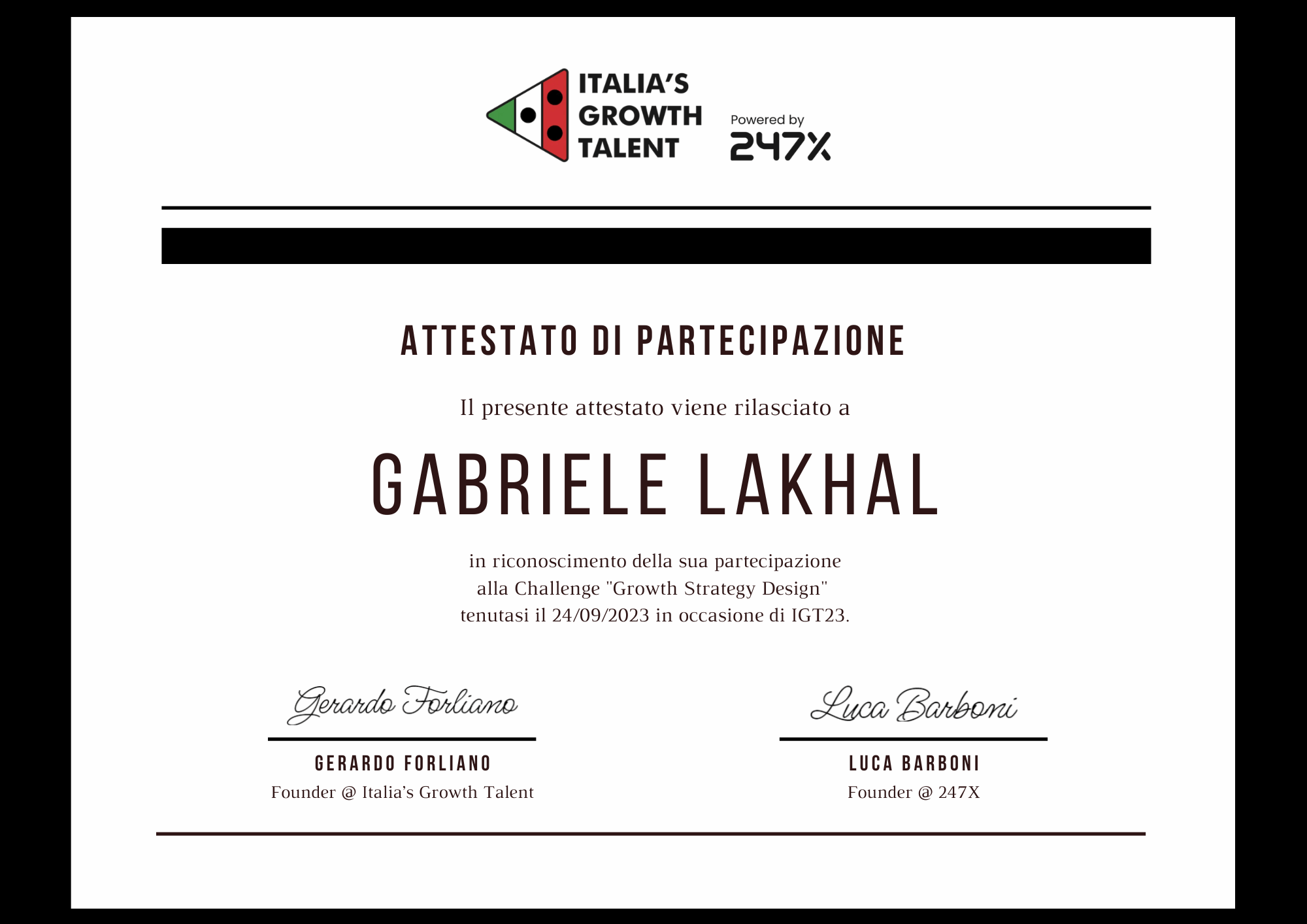 Attestato IGT23 Challenge by 247X Gabriele Lakhal